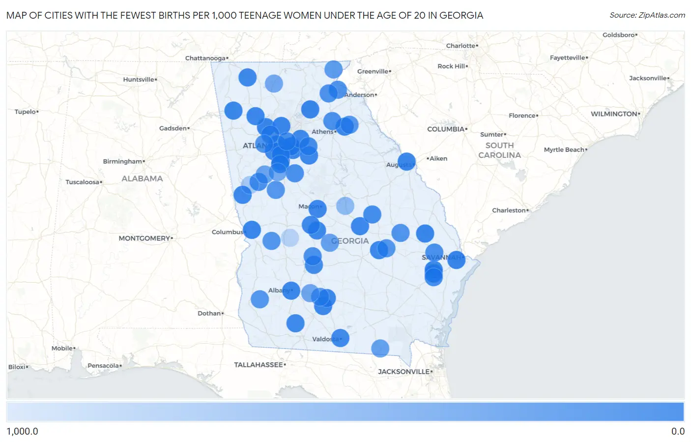 Cities with the Fewest Births per 1,000 Teenage Women Under the Age of 20 in Georgia Map