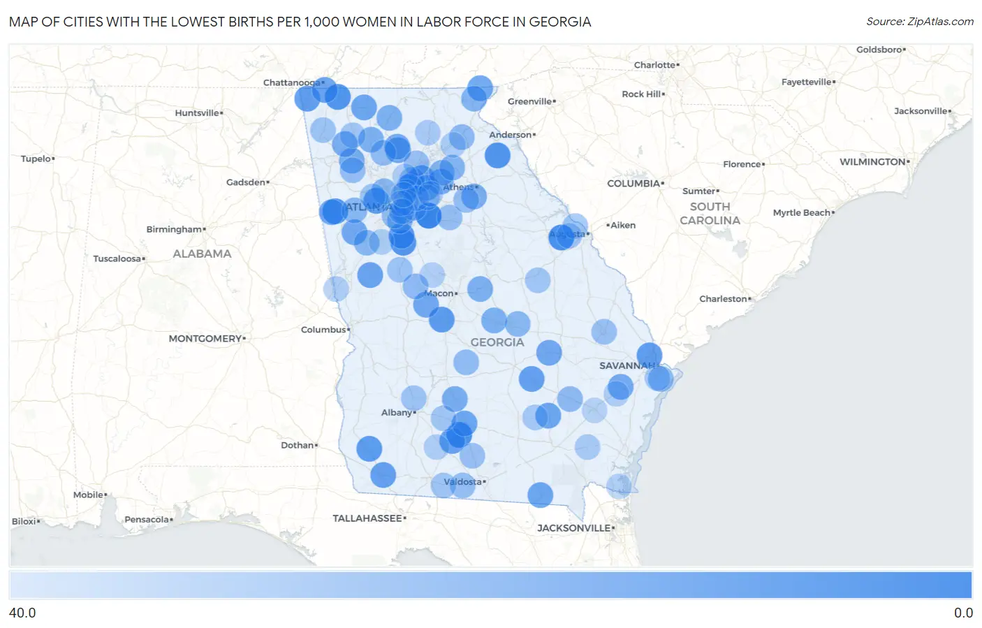 Cities with the Lowest Births per 1,000 Women in Labor Force in Georgia Map