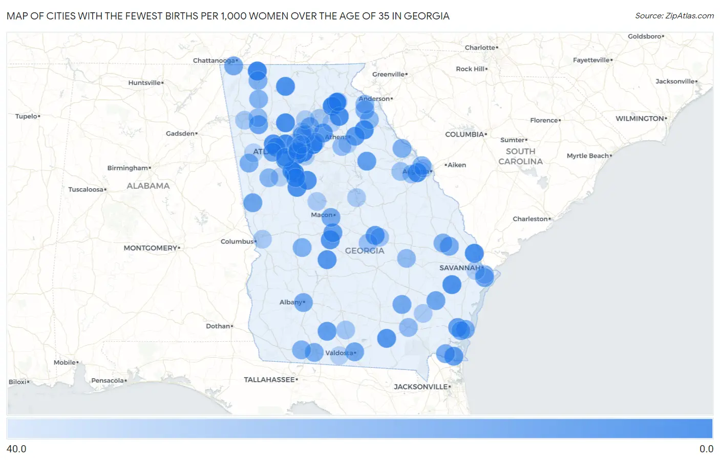 Cities with the Fewest Births per 1,000 Women Over the Age of 35 in Georgia Map