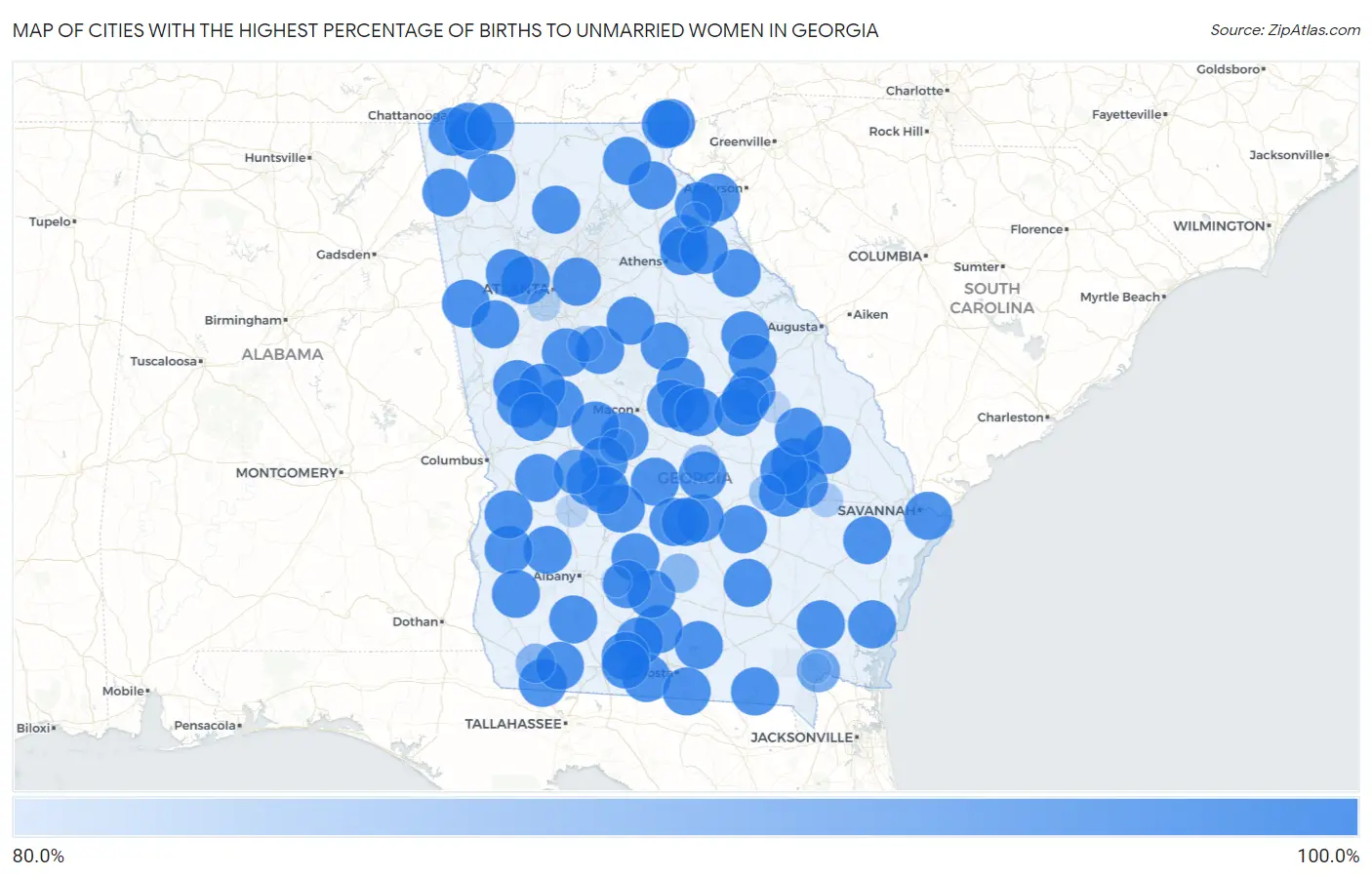 Cities with the Highest Percentage of Births to Unmarried Women in Georgia Map