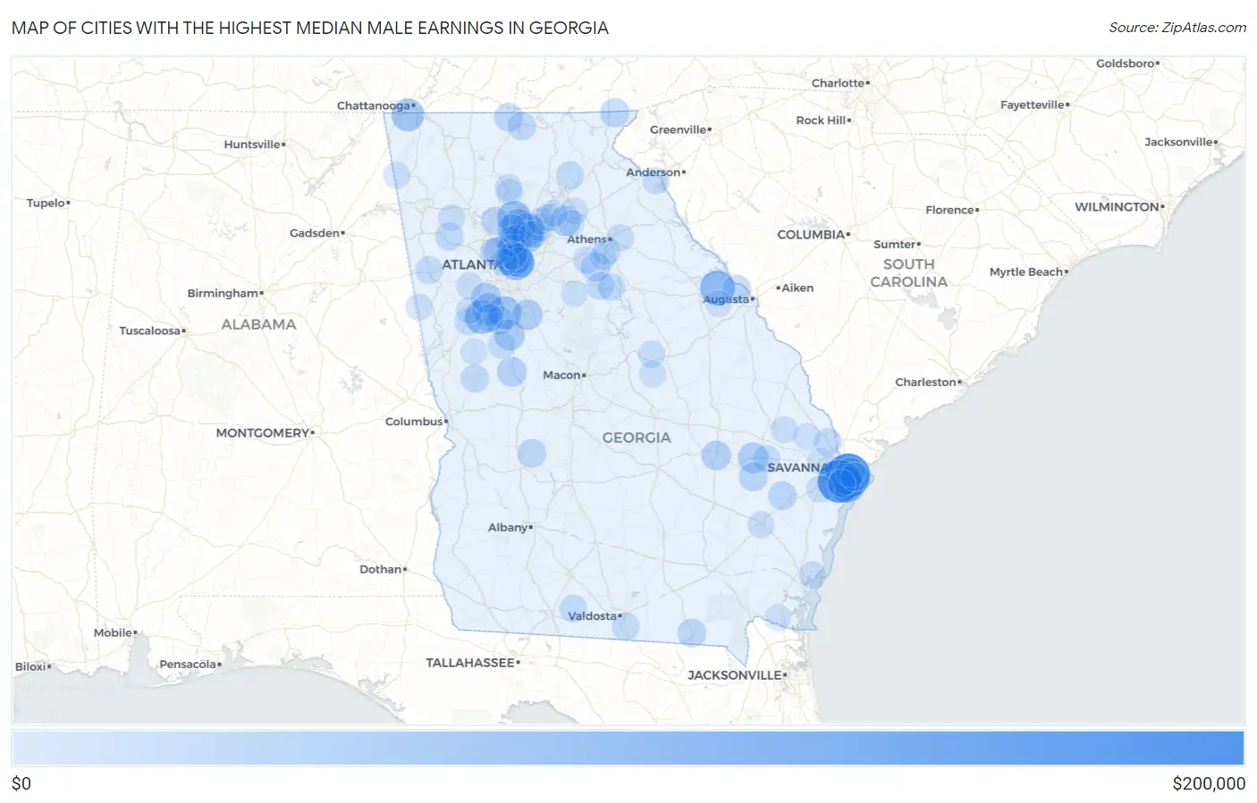 Cities with the Highest Median Male Earnings in Georgia Map