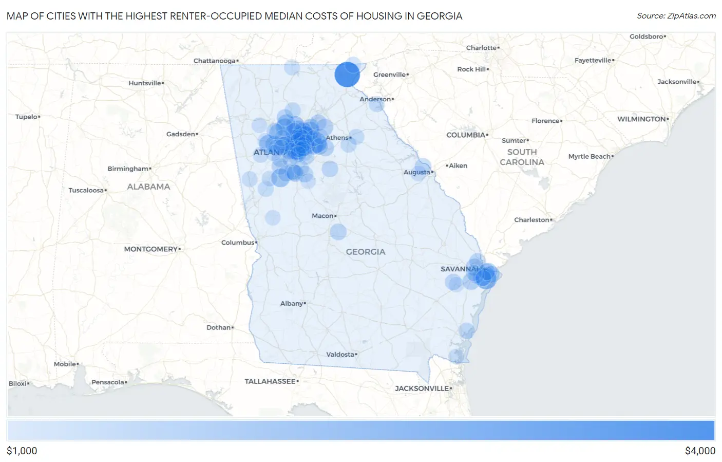 Cities with the Highest Renter-Occupied Median Costs of Housing in Georgia Map