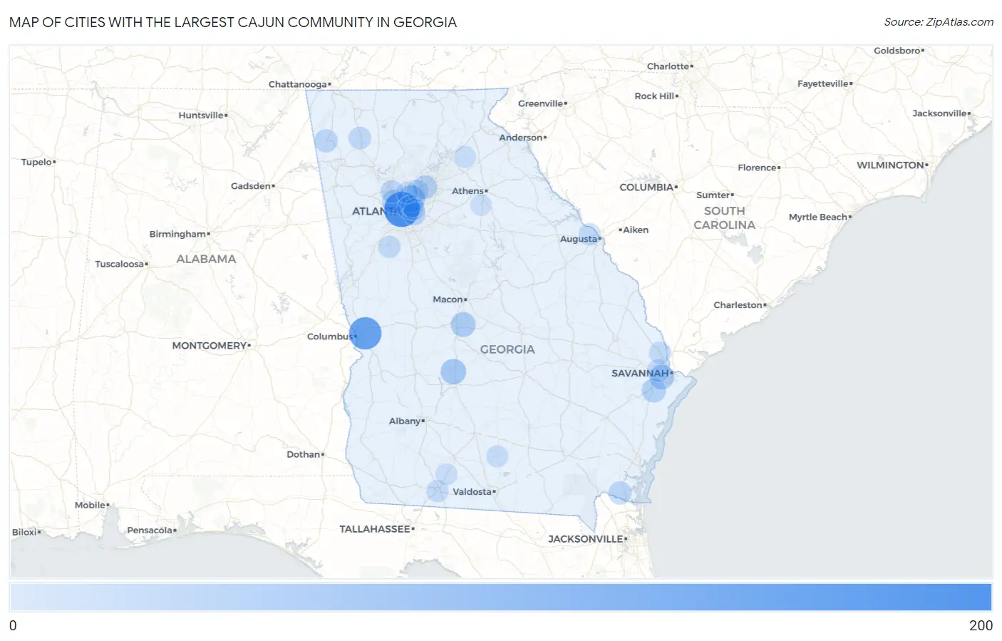 Cities with the Largest Cajun Community in Georgia Map