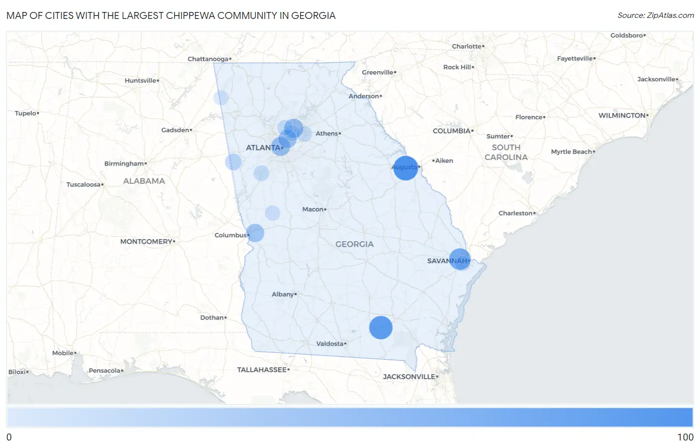 Cities with the Largest Chippewa Community in Georgia Map