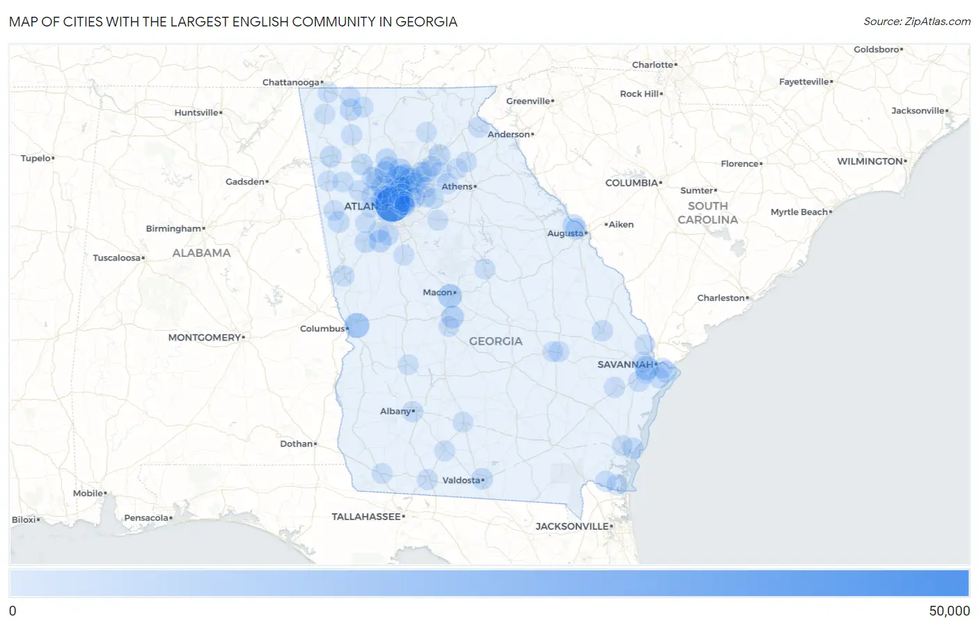 Cities with the Largest English Community in Georgia Map