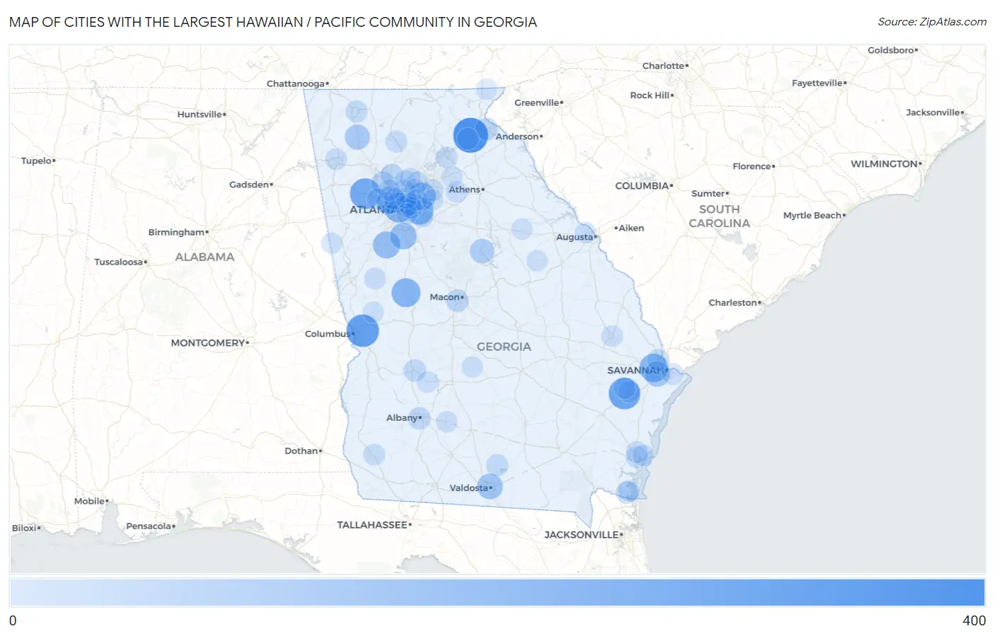 Cities with the Largest Hawaiian / Pacific Community in Georgia Map