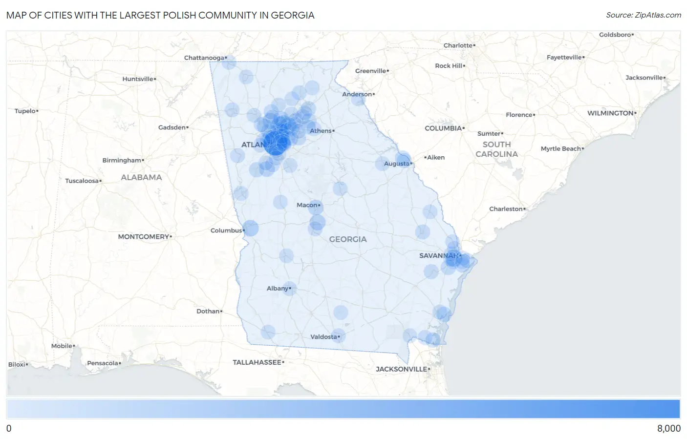 Cities with the Largest Polish Community in Georgia Map