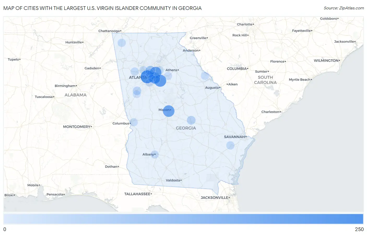 Cities with the Largest U.S. Virgin Islander Community in Georgia Map