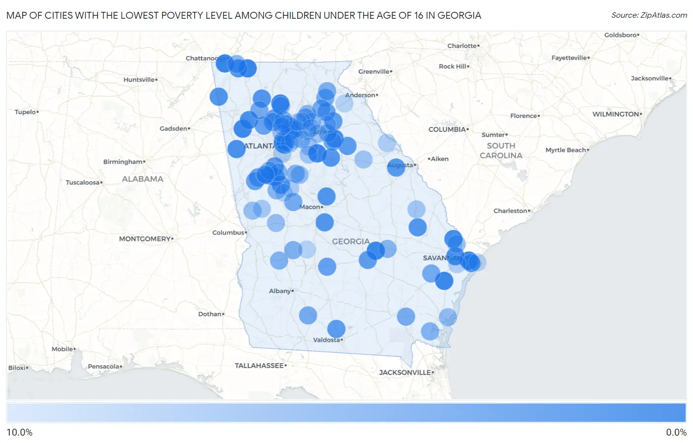 Cities with the Lowest Poverty Level Among Children Under the Age of 16 in Georgia Map