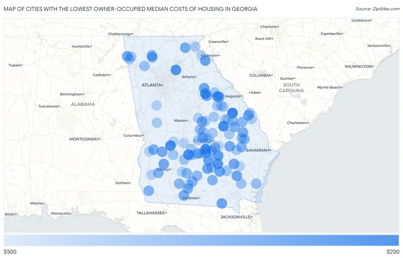 Cities with the Lowest Owner-Occupied Median Costs of Housing in Georgia Map