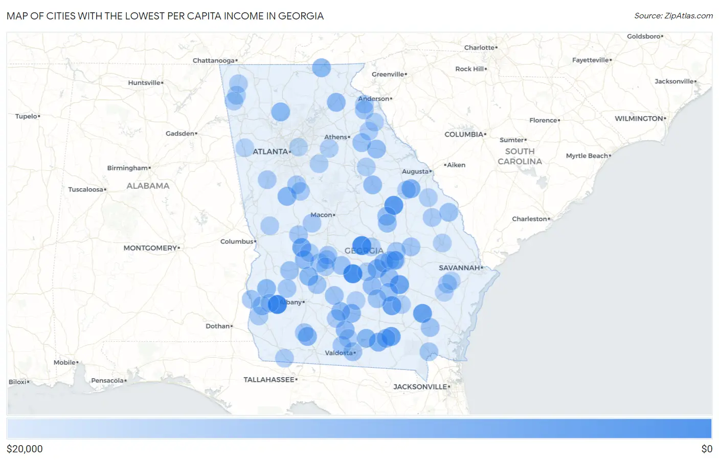 Cities with the Lowest Per Capita Income in Georgia Map