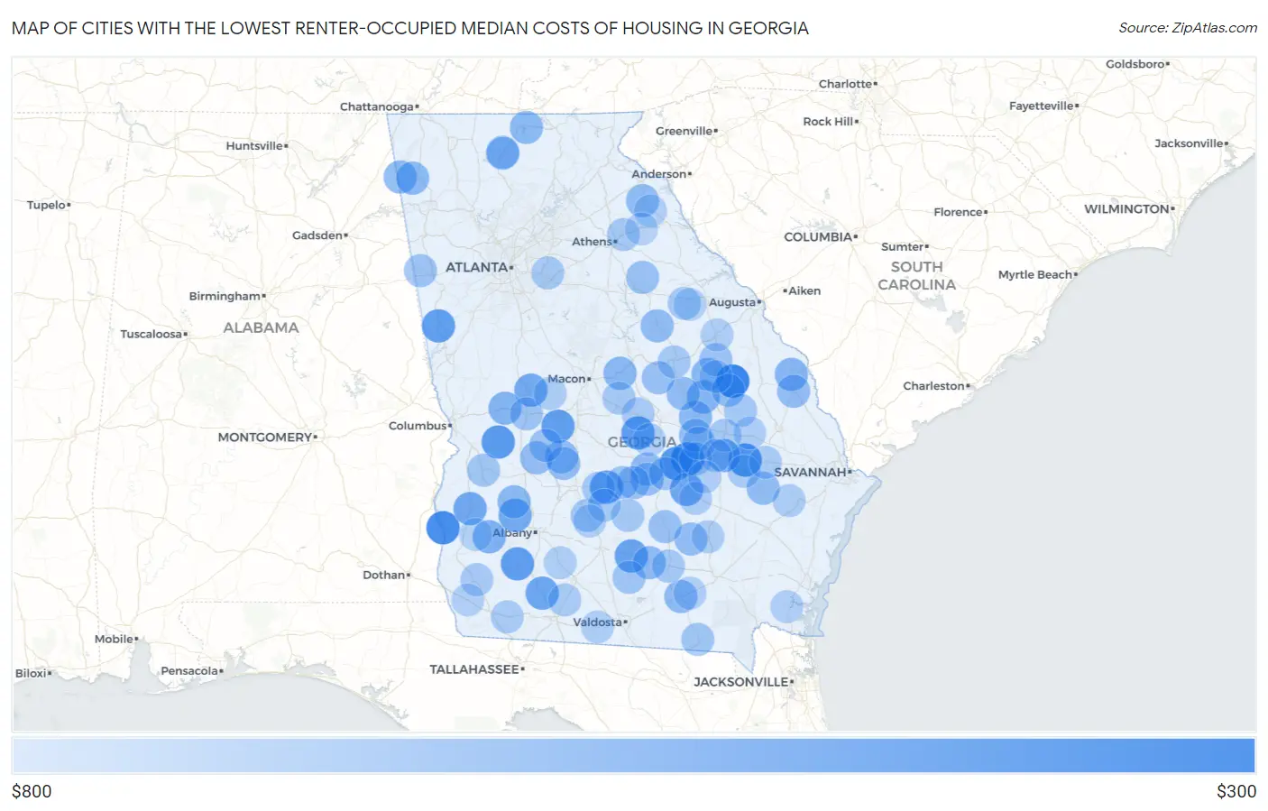Cities with the Lowest Renter-Occupied Median Costs of Housing in Georgia Map