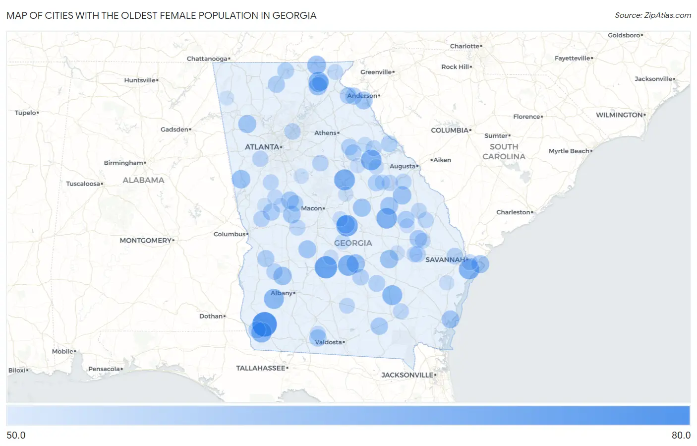 Cities with the Oldest Female Population in Georgia Map