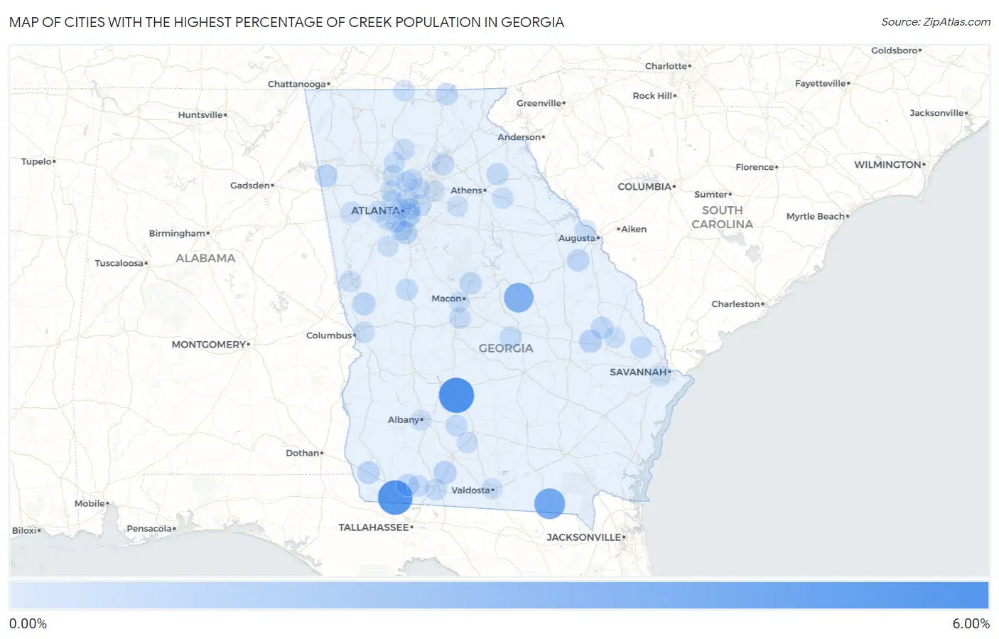 Cities with the Highest Percentage of Creek Population in Georgia Map