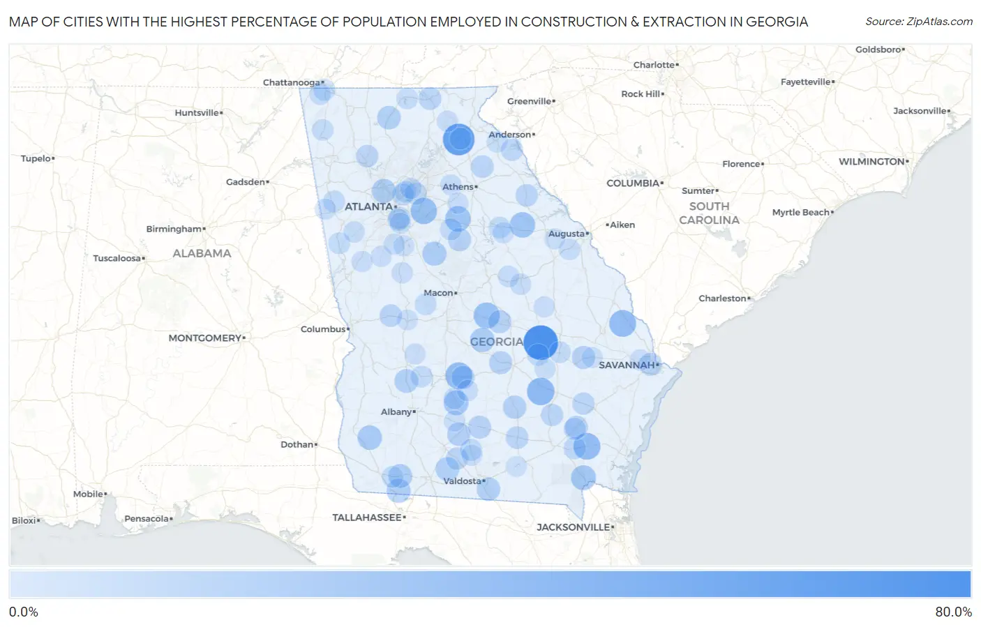 Cities with the Highest Percentage of Population Employed in Construction & Extraction in Georgia Map