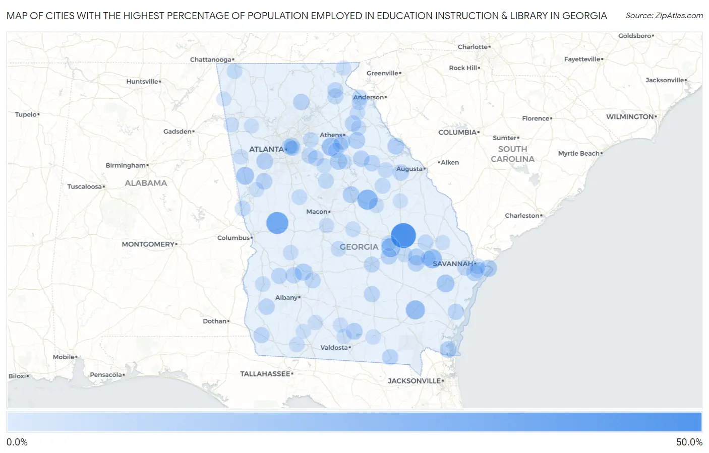 Cities with the Highest Percentage of Population Employed in Education Instruction & Library in Georgia Map