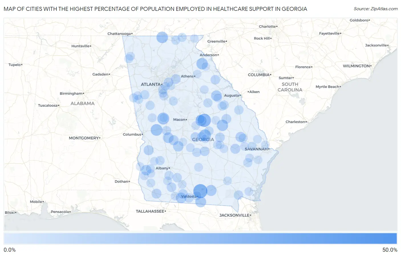 Cities with the Highest Percentage of Population Employed in Healthcare Support in Georgia Map