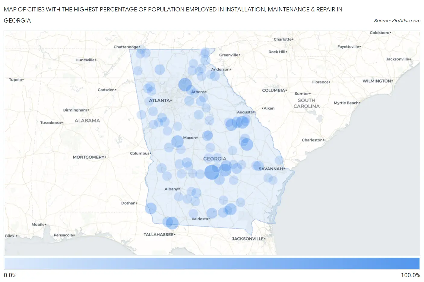 Cities with the Highest Percentage of Population Employed in Installation, Maintenance & Repair in Georgia Map