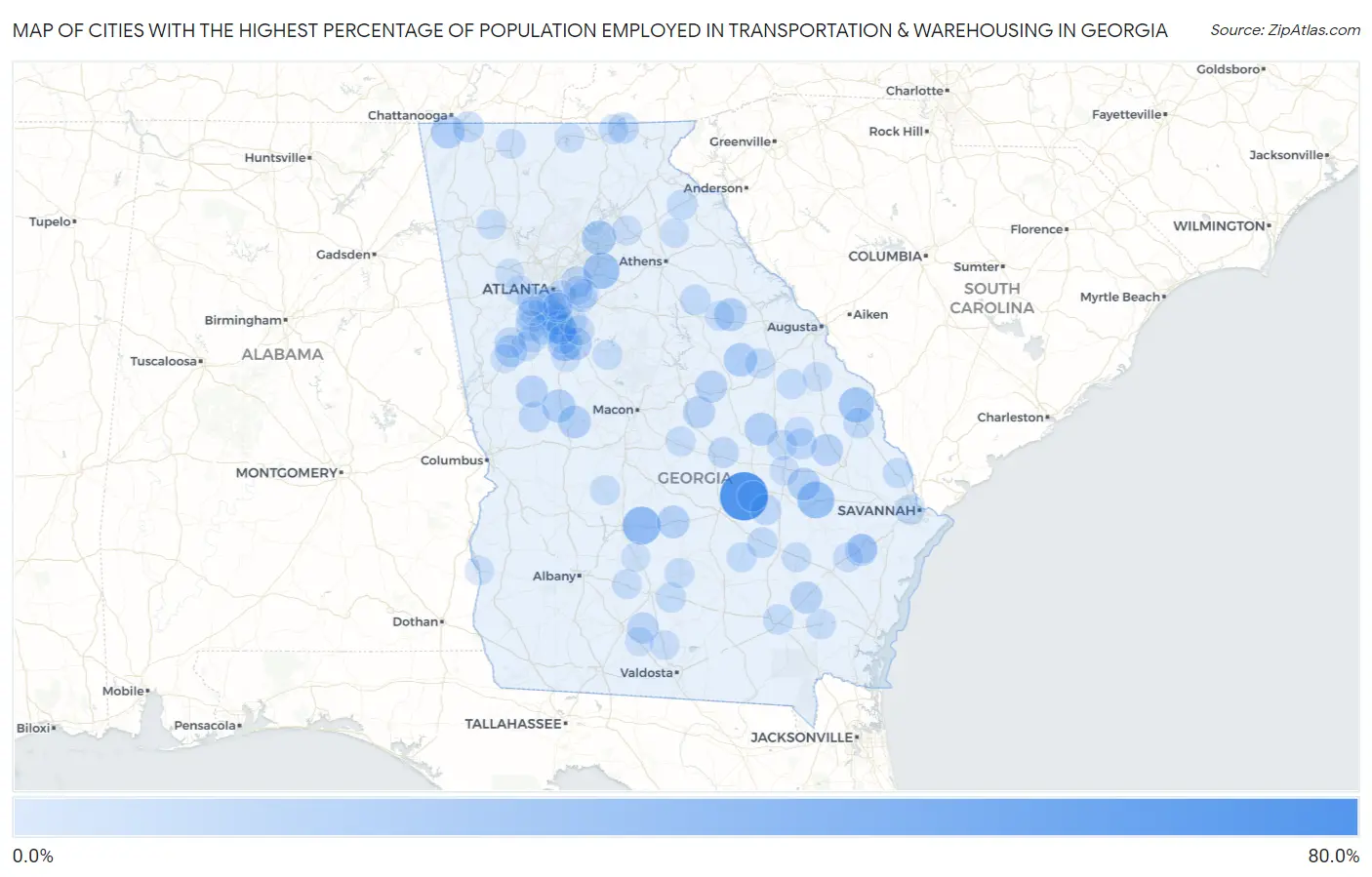 Cities with the Highest Percentage of Population Employed in Transportation & Warehousing in Georgia Map