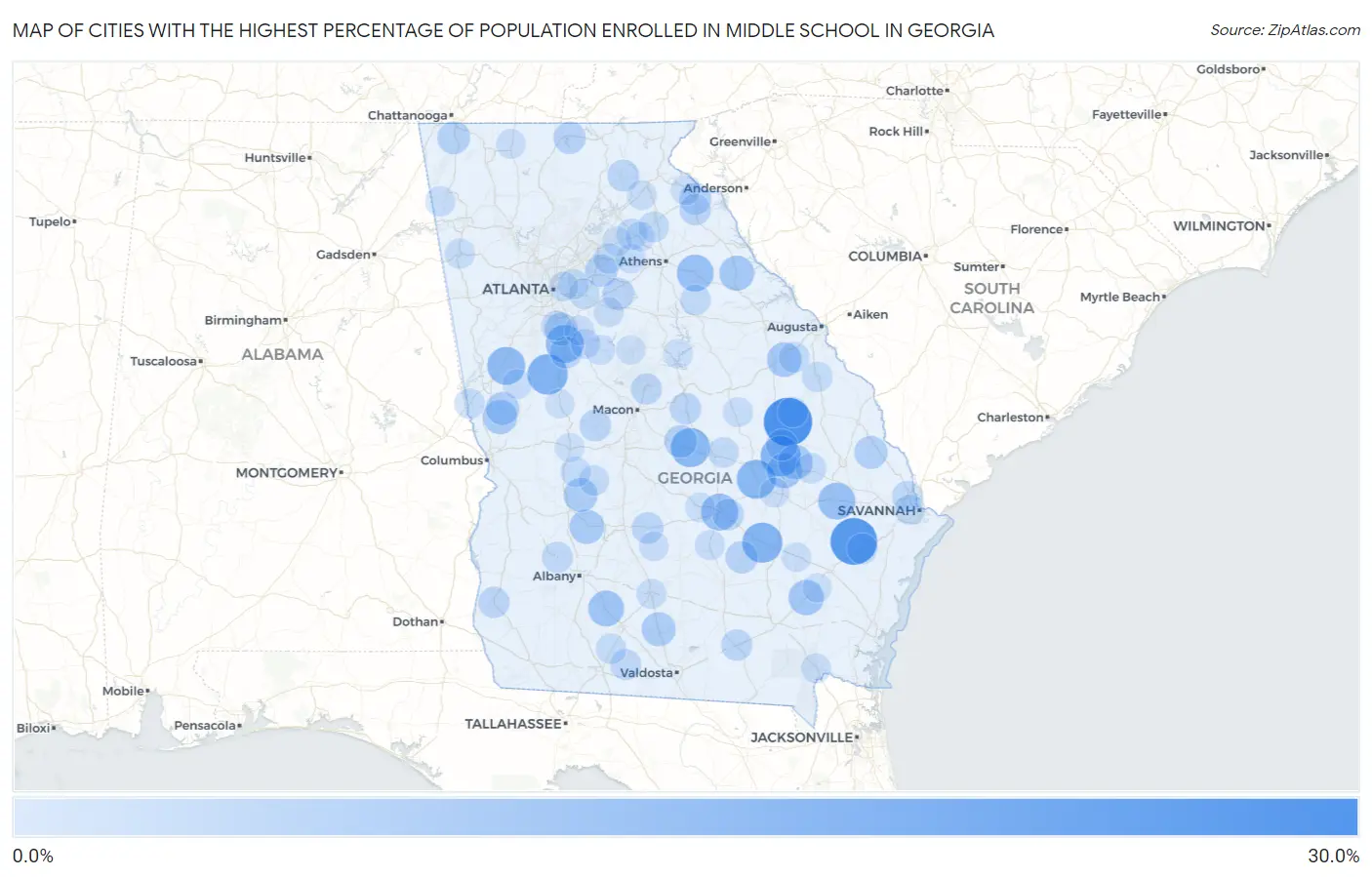 Cities with the Highest Percentage of Population Enrolled in Middle School in Georgia Map