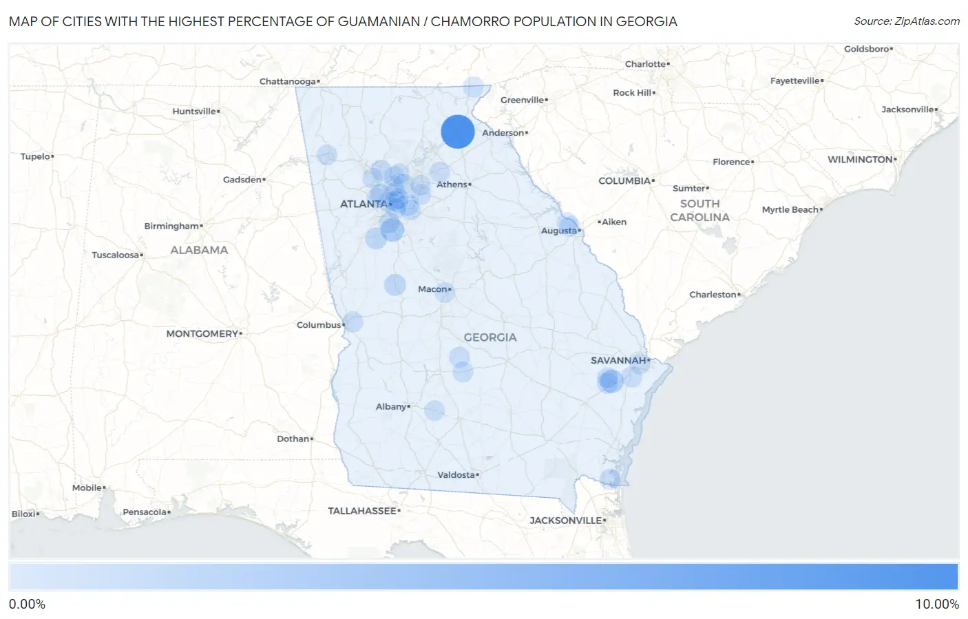 Cities with the Highest Percentage of Guamanian / Chamorro Population in Georgia Map