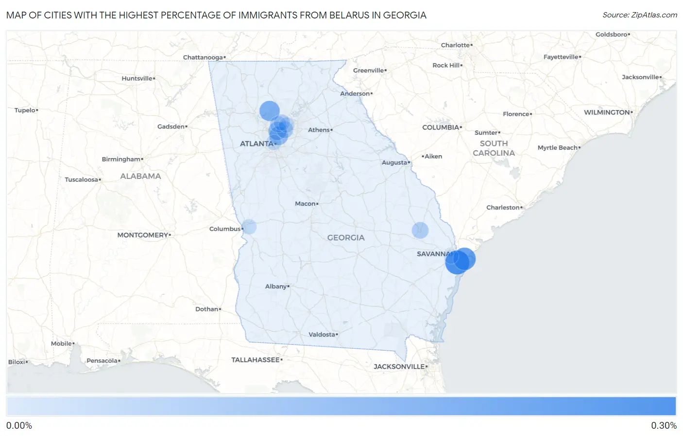 Cities with the Highest Percentage of Immigrants from Belarus in Georgia Map