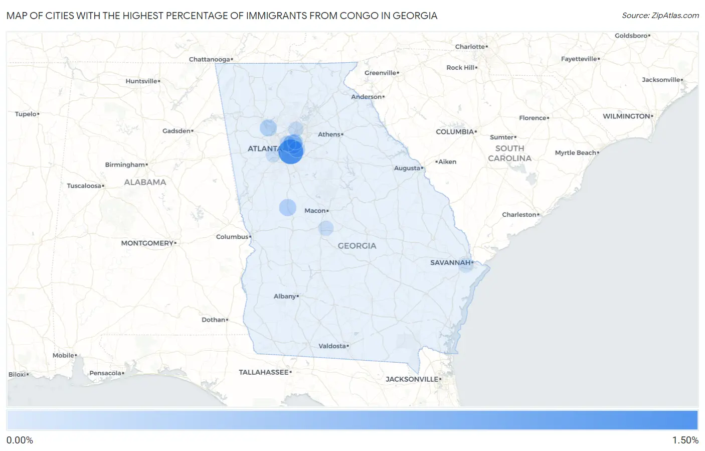 Cities with the Highest Percentage of Immigrants from Congo in Georgia Map