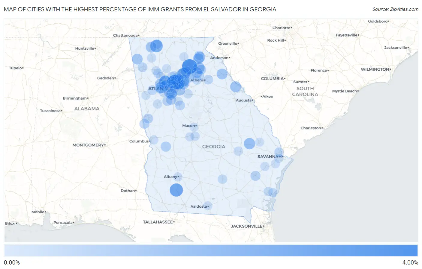 Cities with the Highest Percentage of Immigrants from El Salvador in Georgia Map