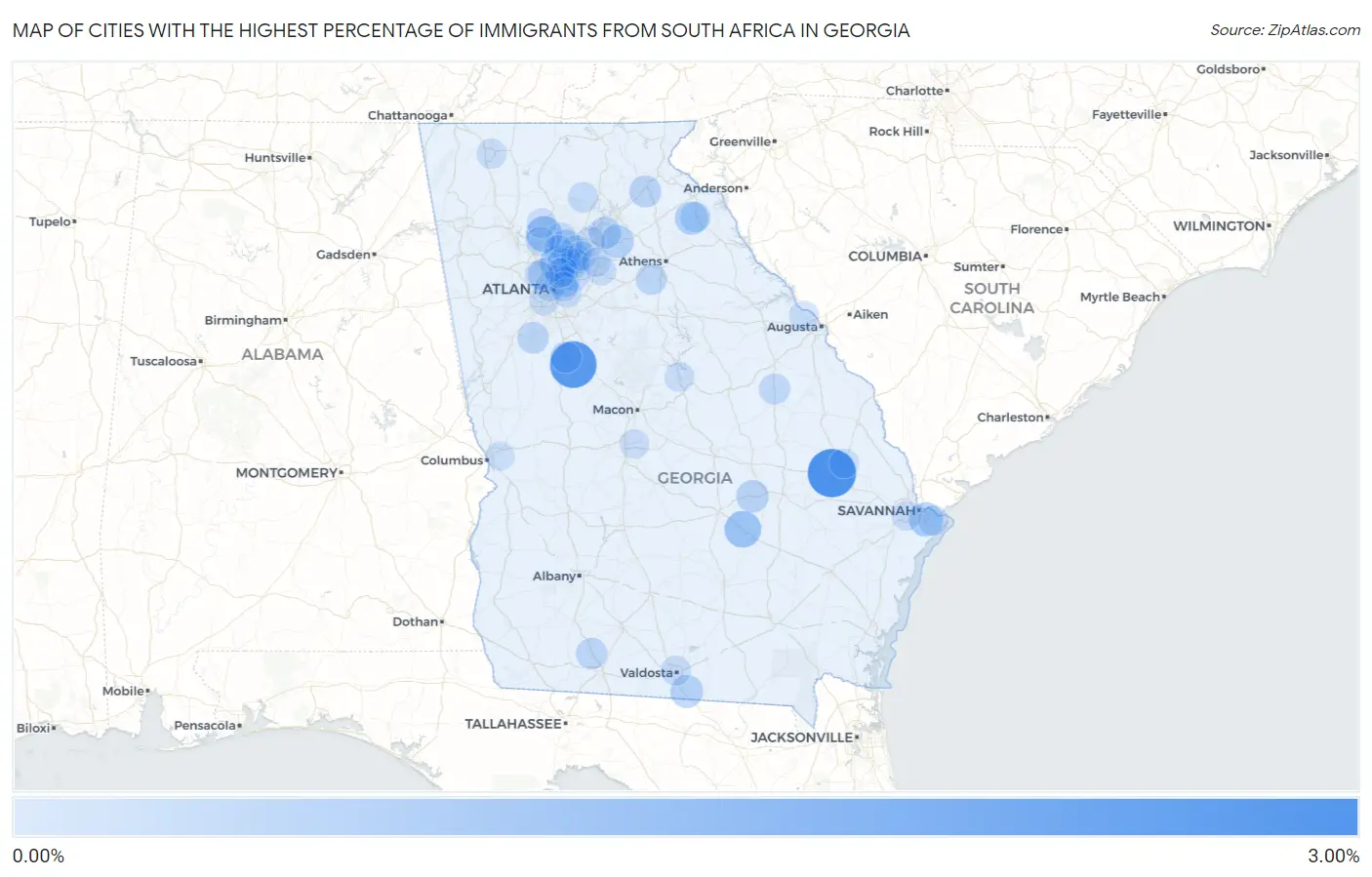 Cities with the Highest Percentage of Immigrants from South Africa in Georgia Map