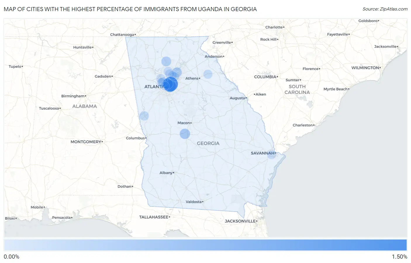 Cities with the Highest Percentage of Immigrants from Uganda in Georgia Map