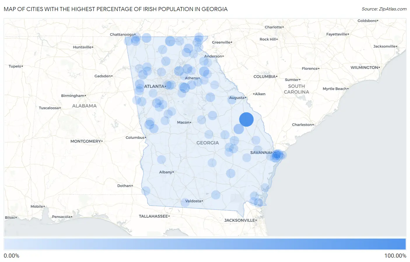 Cities with the Highest Percentage of Irish Population in Georgia Map