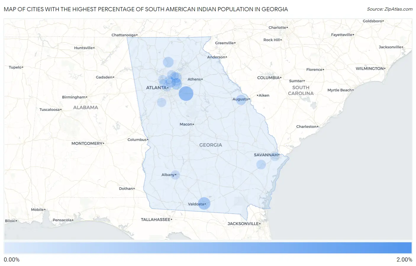 Cities with the Highest Percentage of South American Indian Population in Georgia Map