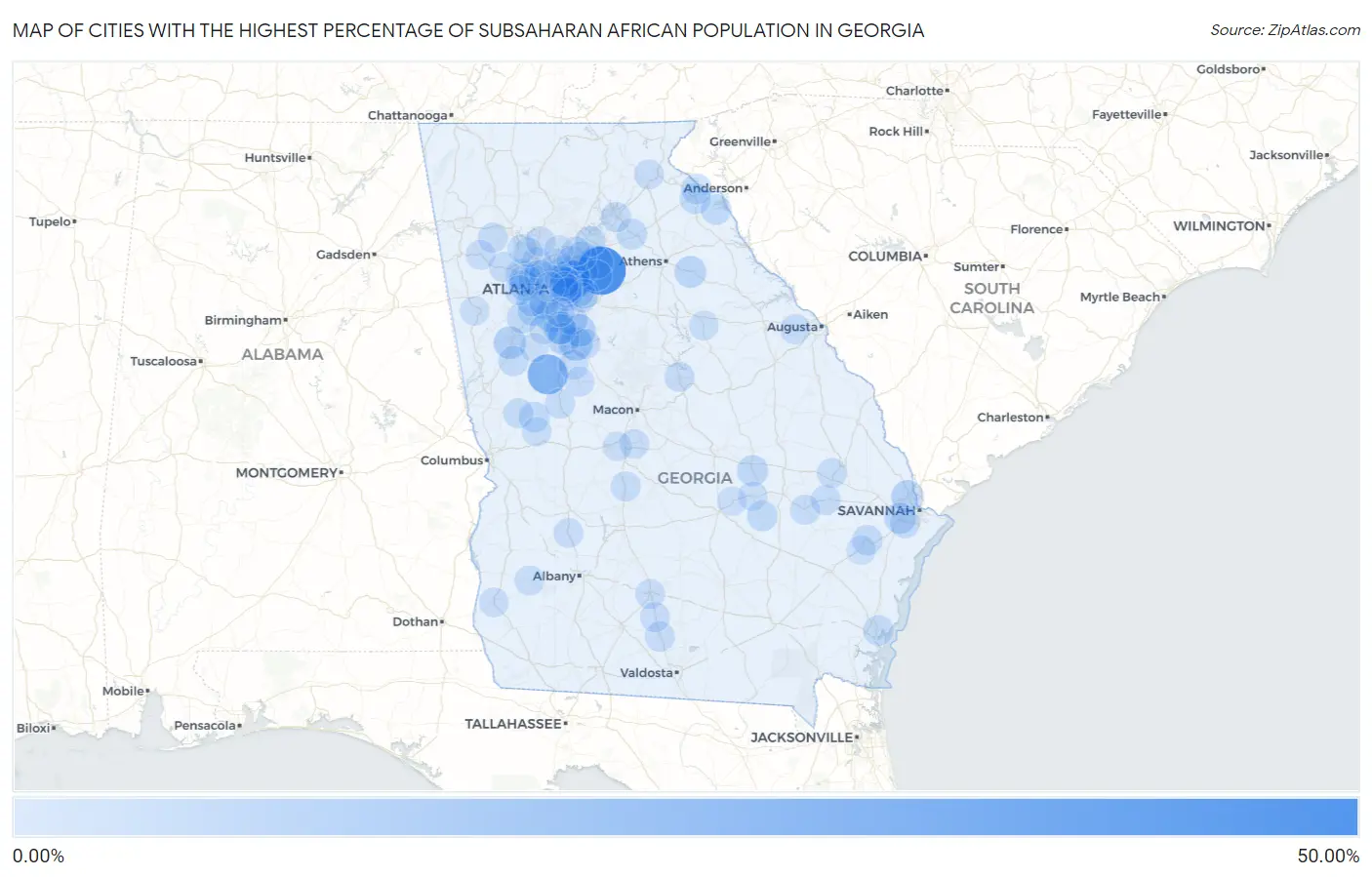Cities with the Highest Percentage of Subsaharan African Population in Georgia Map