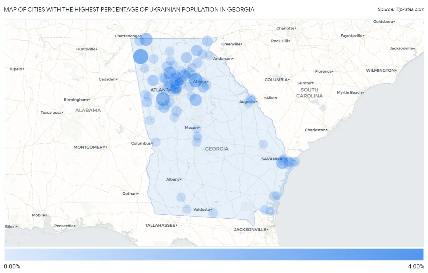 Cities with the Highest Percentage of Ukrainian Population in Georgia Map