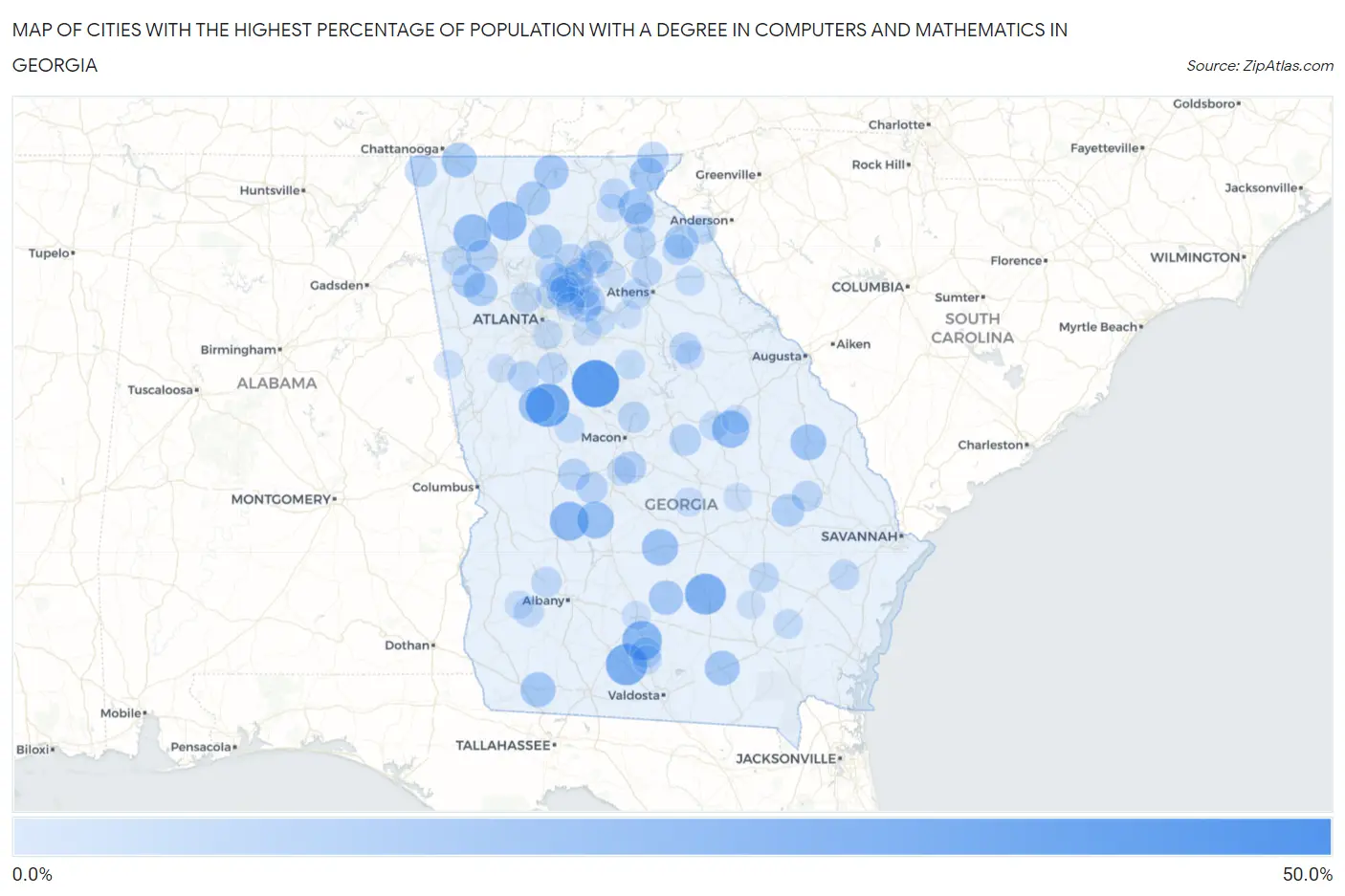 Cities with the Highest Percentage of Population with a Degree in Computers and Mathematics in Georgia Map