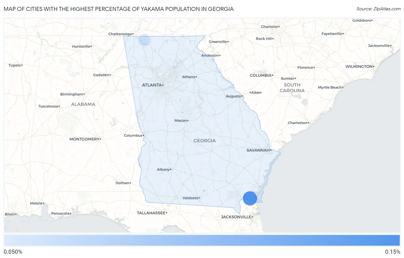 Cities with the Highest Percentage of Yakama Population in Georgia Map