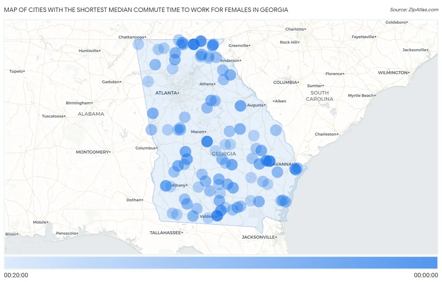 Cities with the Shortest Median Commute Time to Work for Females in Georgia Map