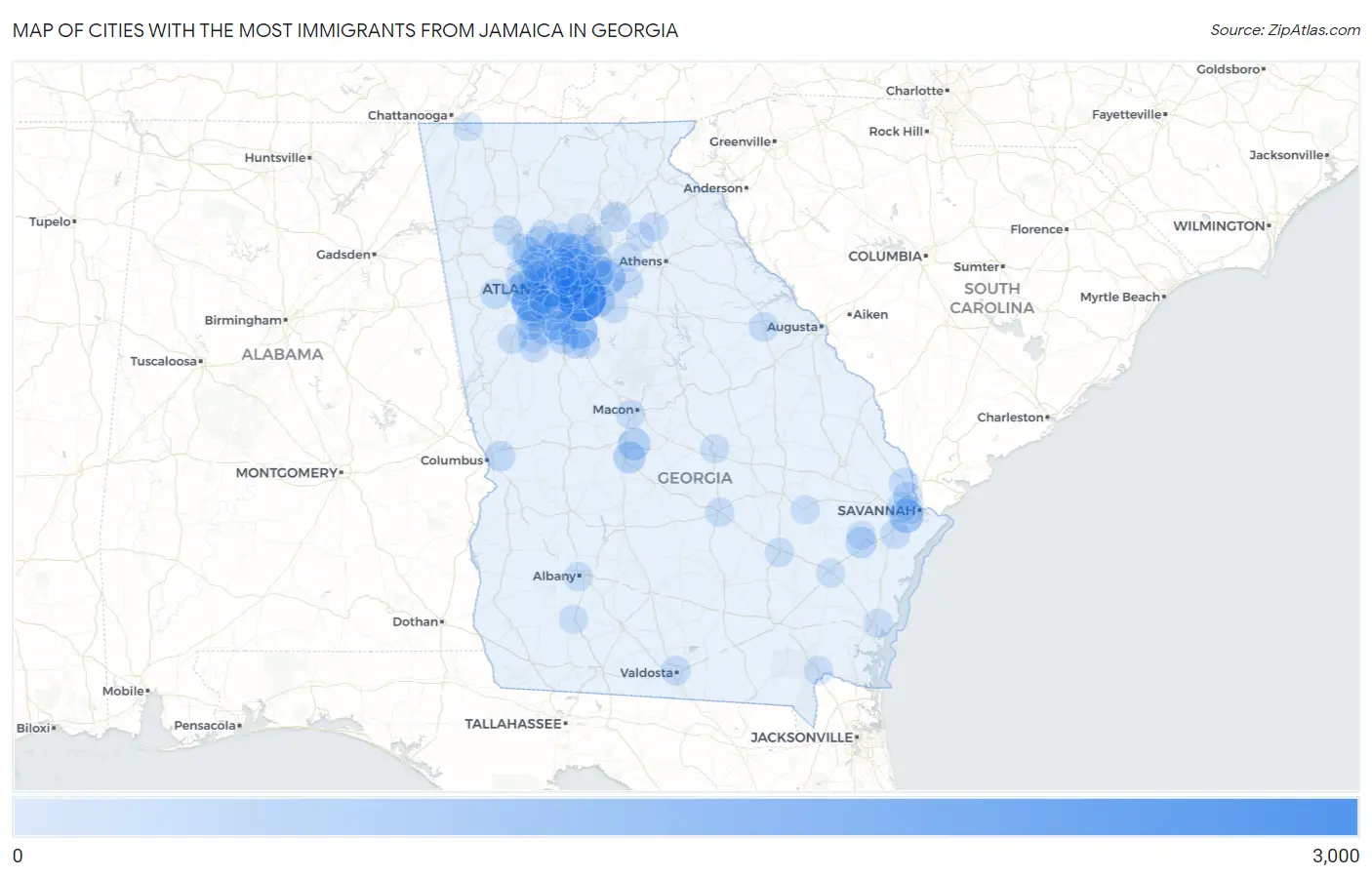 Cities with the Most Immigrants from Jamaica in Georgia Map