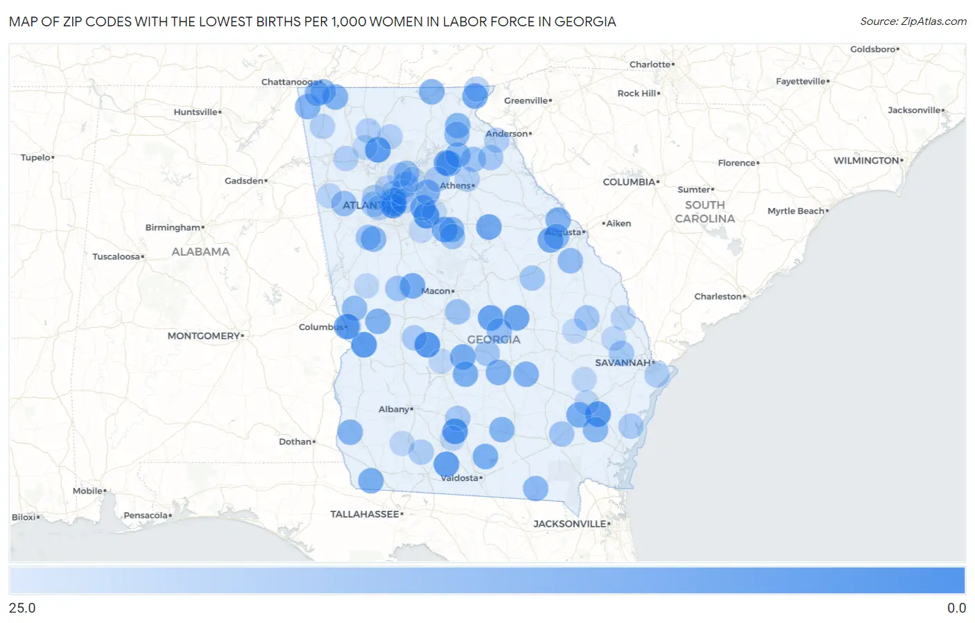 Zip Codes with the Lowest Births per 1,000 Women in Labor Force in Georgia Map