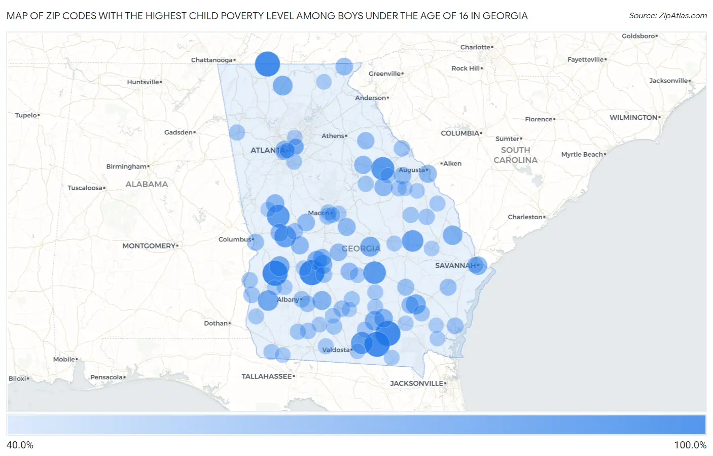 Zip Codes with the Highest Child Poverty Level Among Boys Under the Age of 16 in Georgia Map
