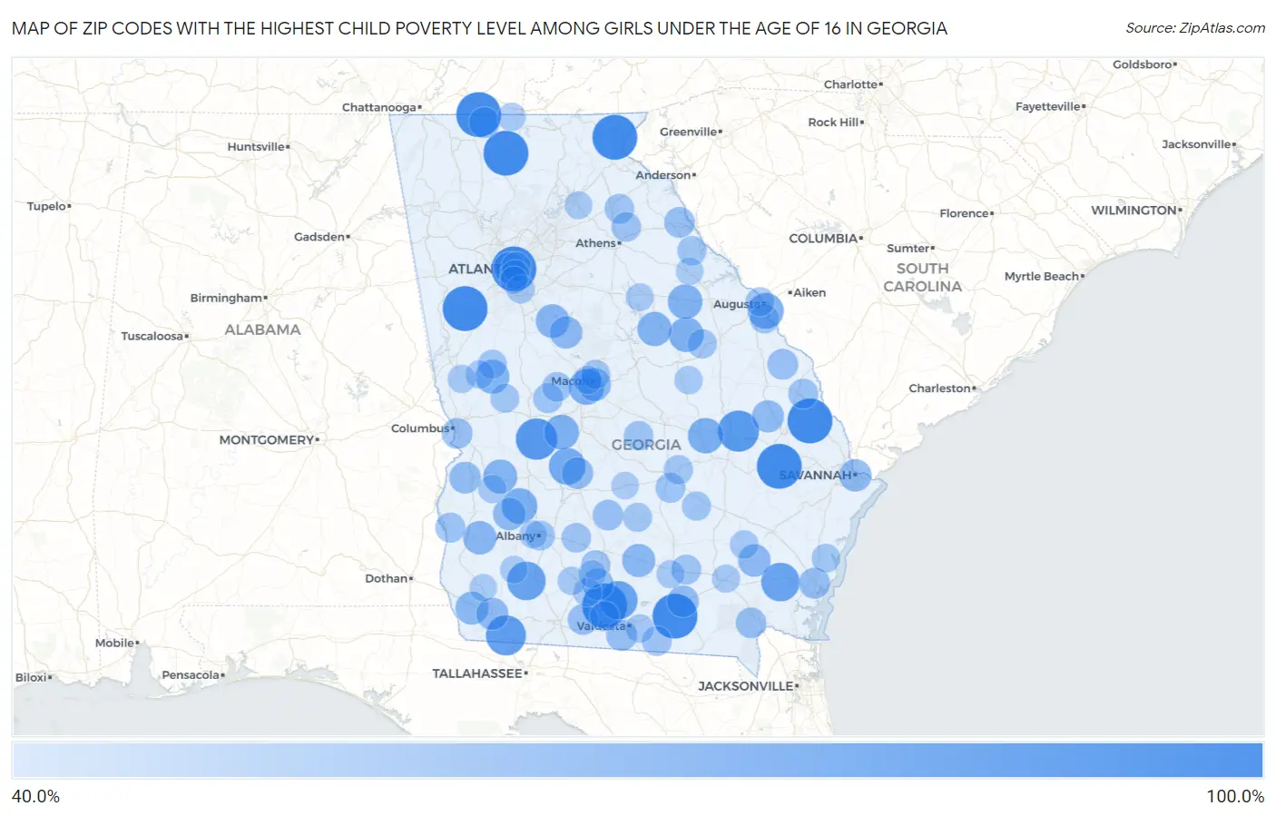 Zip Codes with the Highest Child Poverty Level Among Girls Under the Age of 16 in Georgia Map