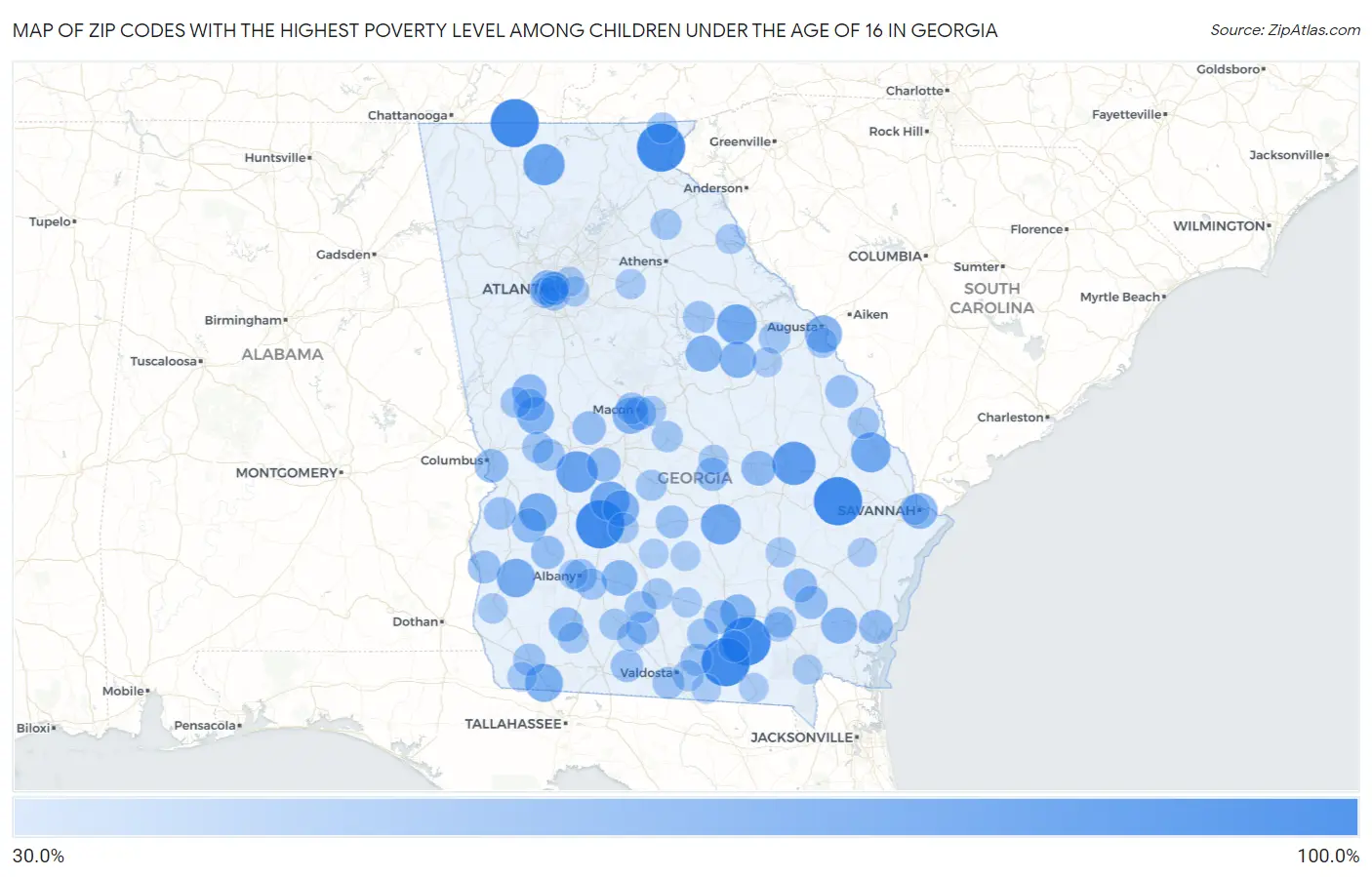 Zip Codes with the Highest Poverty Level Among Children Under the Age of 16 in Georgia Map