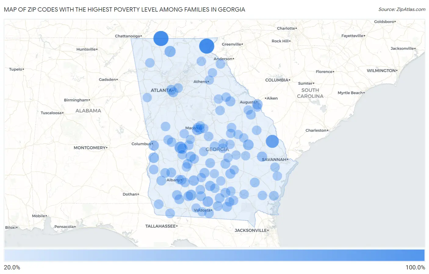 Zip Codes with the Highest Poverty Level Among Families in Georgia Map