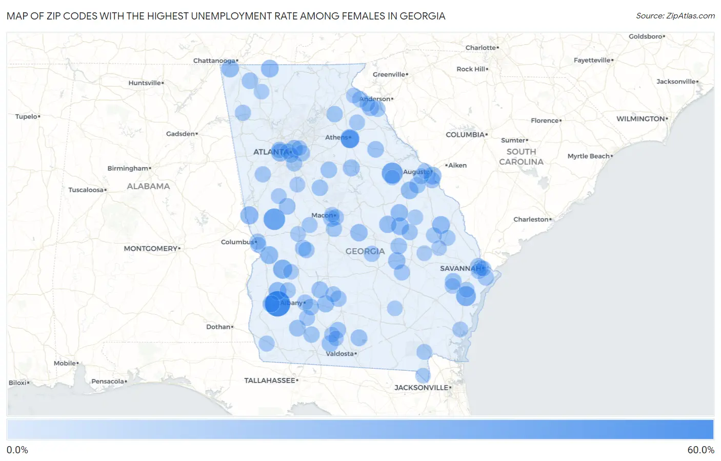 Zip Codes with the Highest Unemployment Rate Among Females in Georgia Map