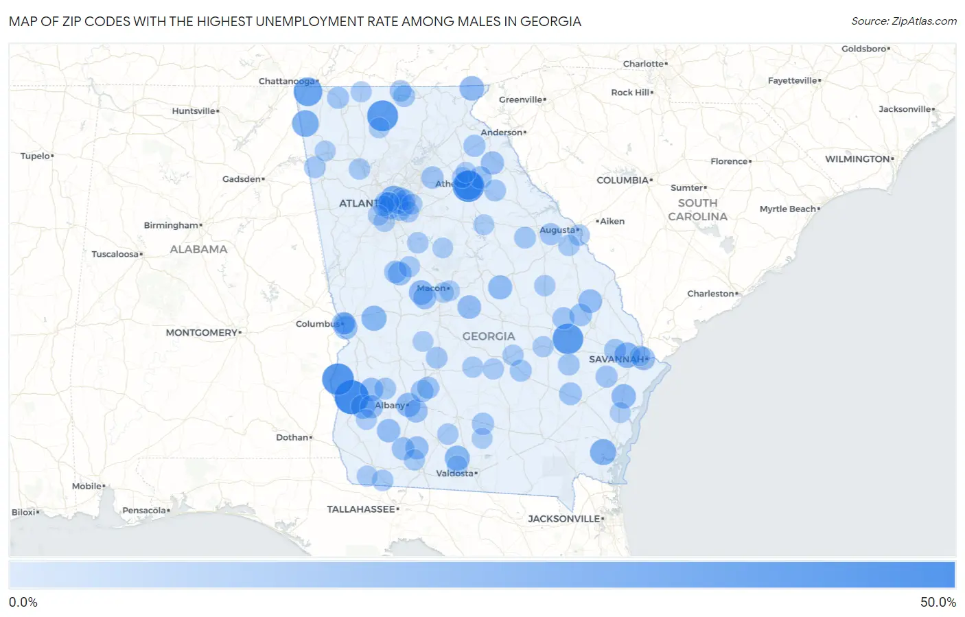 Zip Codes with the Highest Unemployment Rate Among Males in Georgia Map