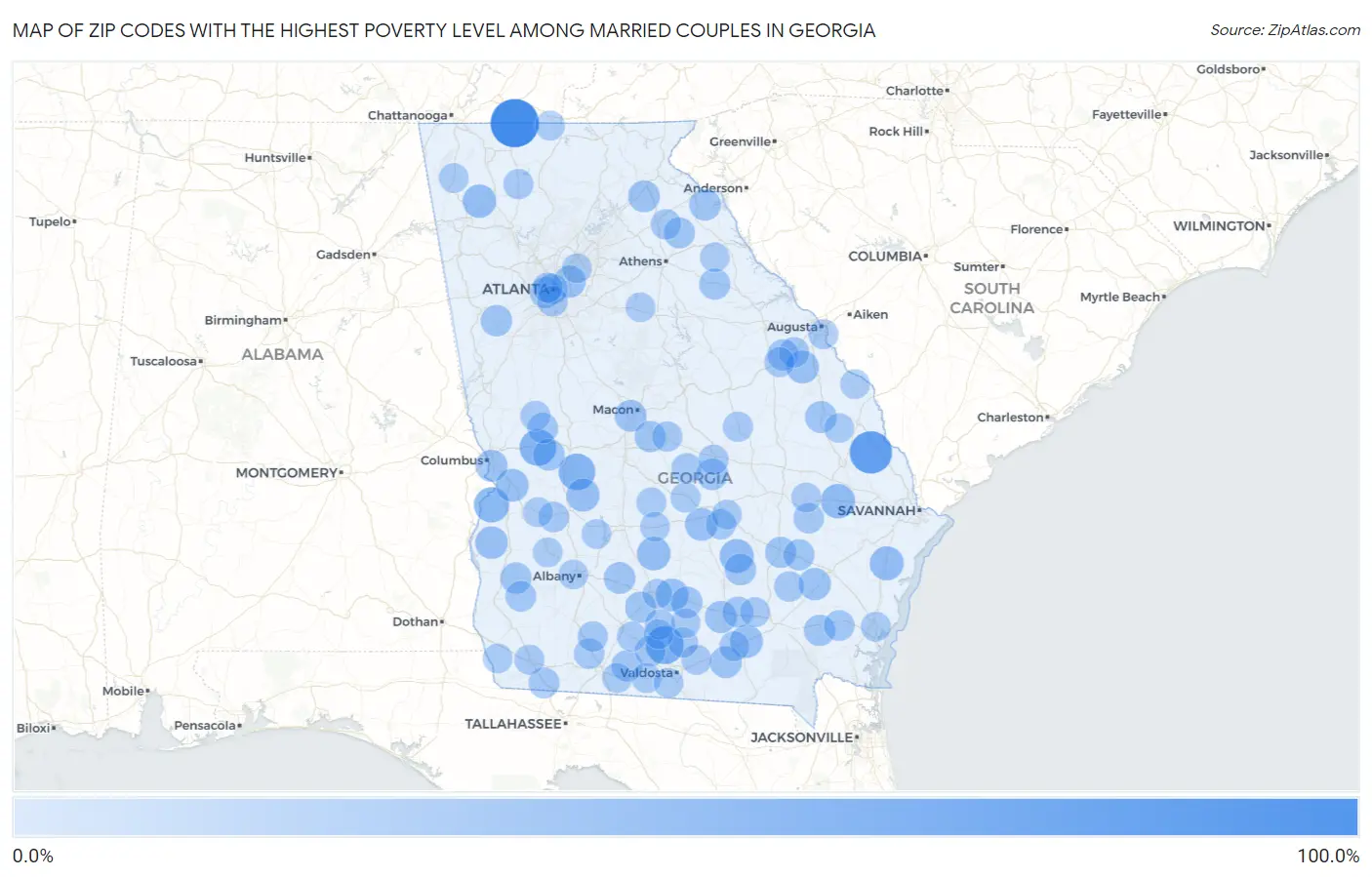 Zip Codes with the Highest Poverty Level Among Married Couples in Georgia Map