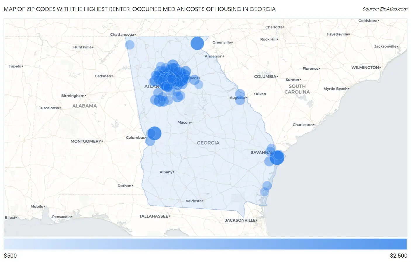 Zip Codes with the Highest Renter-Occupied Median Costs of Housing in Georgia Map