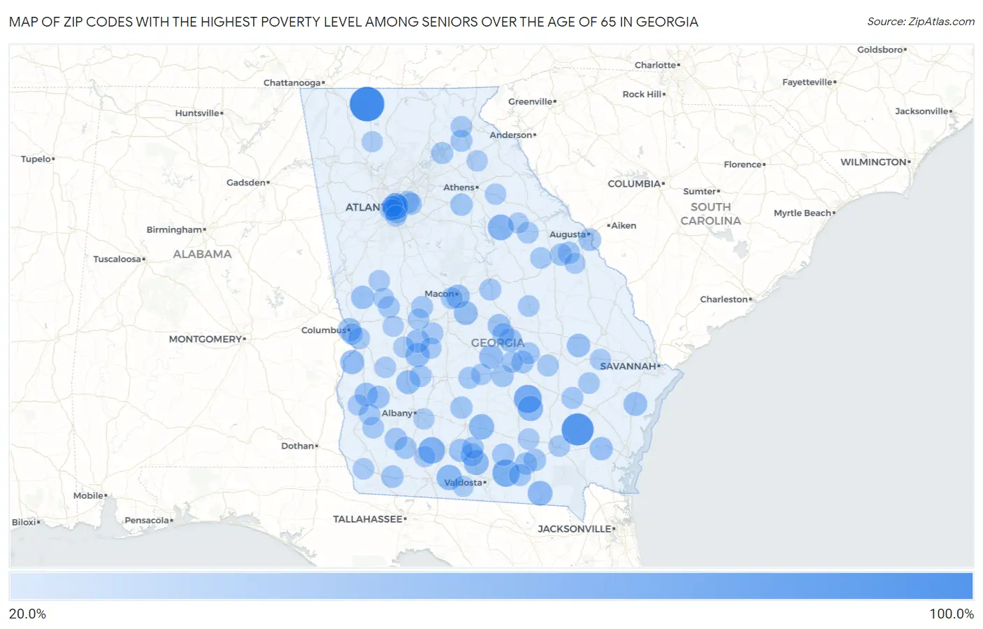 Zip Codes with the Highest Poverty Level Among Seniors Over the Age of 65 in Georgia Map