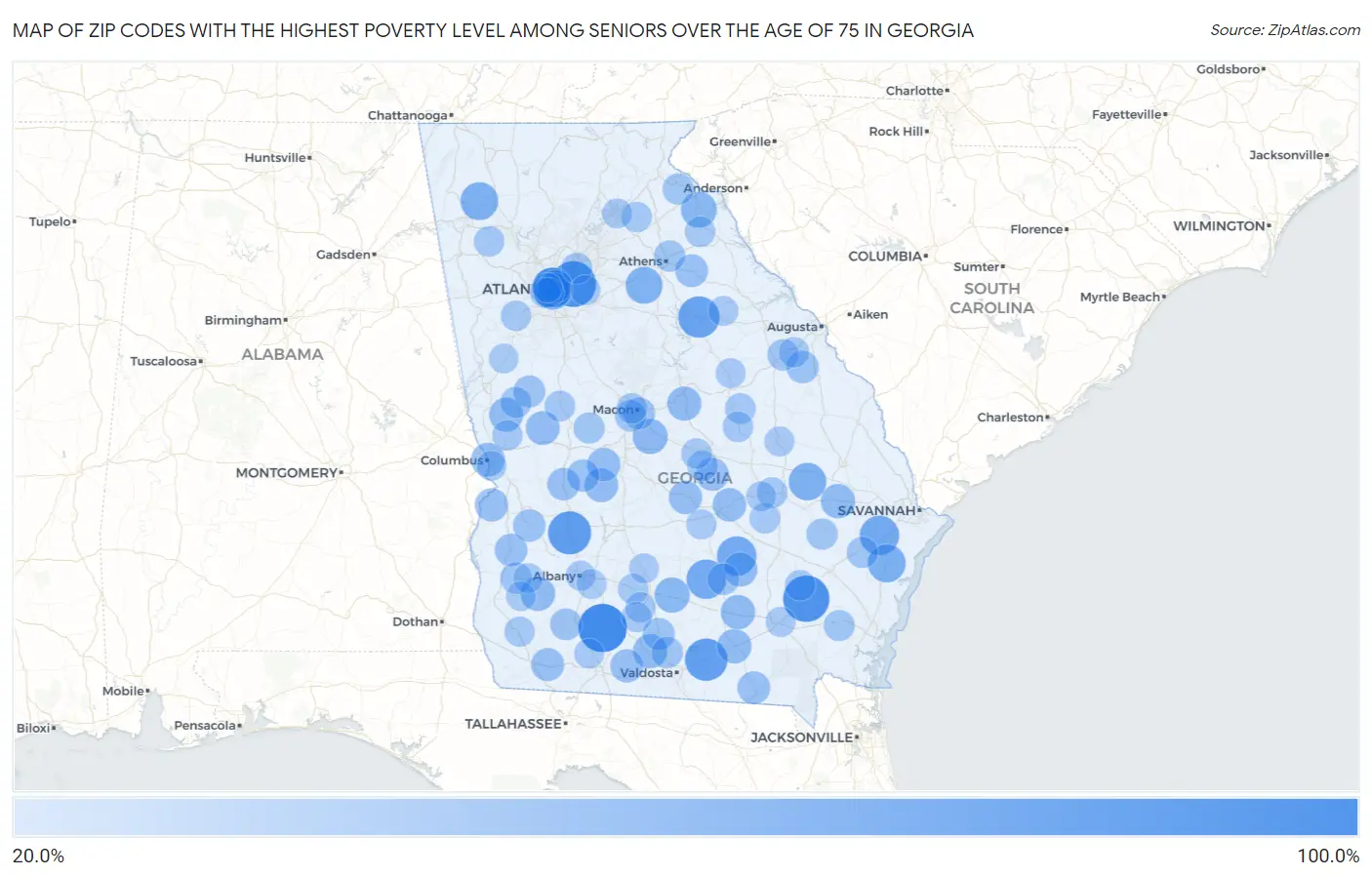 Zip Codes with the Highest Poverty Level Among Seniors Over the Age of 75 in Georgia Map