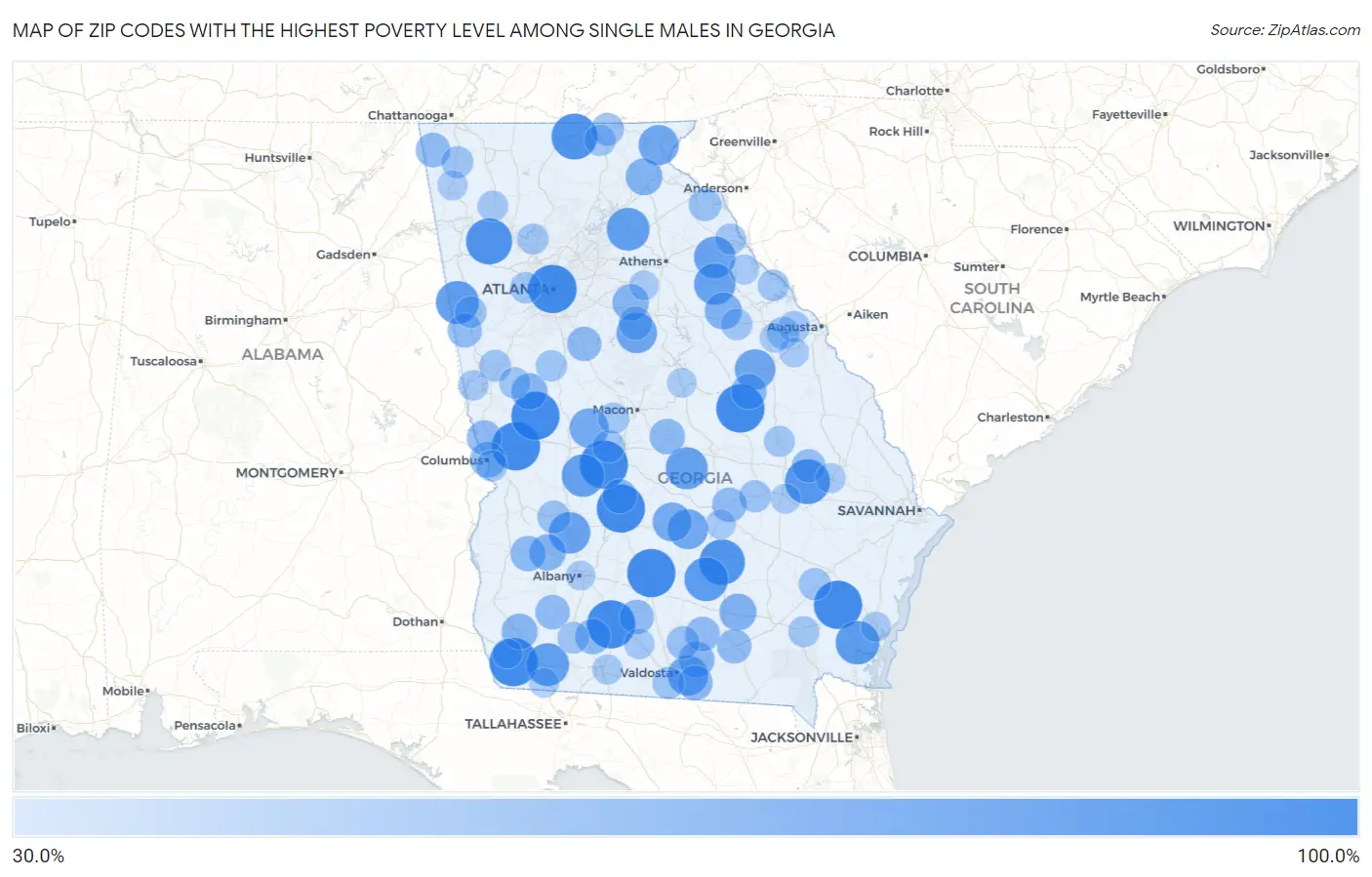 Zip Codes with the Highest Poverty Level Among Single Males in Georgia Map